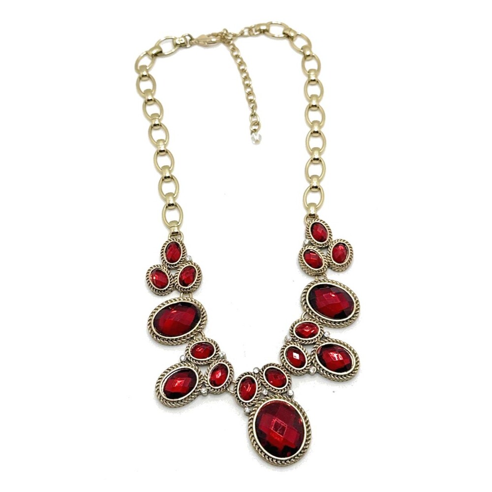 New NAPIER Dark Red Faceted Oval Cab Bib Necklace Gold Tone Statement 16" - 18"